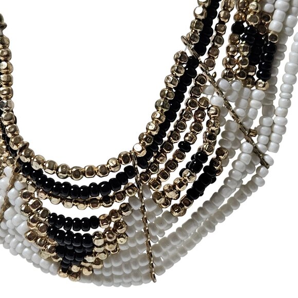 Handcrafted Seed Beaded Multi Strand Bib Necklace Gold Black White Beads Women - Picture 2 of 7
